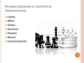 PALABRAS ASOCIADAS AL CONCEPTO DE 
ADMINISTRACIÓN 
 Costos 
 RRHH 
 Gastos 
 Ganancia 
 Papeleo 
 Bancos 
 Comercialización 
 