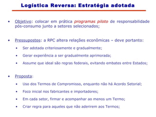 Logística Reversa: Estratégia adotada
• Objetivo: colocar em prática programas piloto de responsabilidade
pós-consumo junto a setores selecionados;
• Pressupostos: a RPC altera relações econômicas – deve portanto:
• Ser adotada criteriosamente e gradualmente;
• Gerar experiência a ser gradualmente aprimorada;
• Assume que ideal são regras federais, evitando embates entre Estados;
• Proposta:
• Uso dos Termos de Compromisso, enquanto não há Acordo Setorial;
• Foco inicial nos fabricantes e importadores;
• Em cada setor, firmar e acompanhar ao menos um Termo;
• Criar regra para aqueles que não aderirem aos Termos;
 