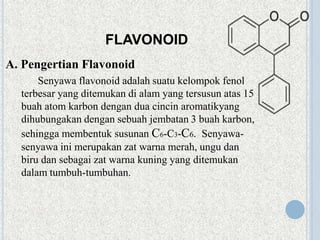 FLAVONOID
A. Pengertian Flavonoid
Senyawa flavonoid adalah suatu kelompok fenol
terbesar yang ditemukan di alam yang tersusun atas 15
buah atom karbon dengan dua cincin aromatikyang
dihubungakan dengan sebuah jembatan 3 buah karbon,
sehingga membentuk susunan C6-C3-C6. Senyawa-
senyawa ini merupakan zat warna merah, ungu dan
biru dan sebagai zat warna kuning yang ditemukan
dalam tumbuh-tumbuhan.
 