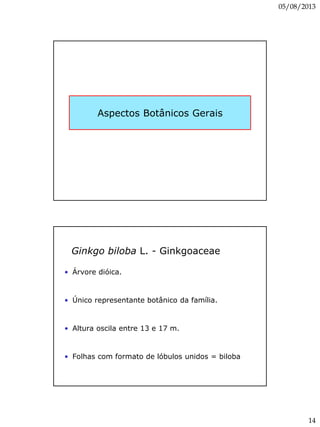 05/08/2013
14
Aspectos Botânicos Gerais
Ginkgo biloba L. - Ginkgoaceae
• Árvore dióica.
• Único representante botânico da família.
• Altura oscila entre 13 e 17 m.
• Folhas com formato de lóbulos unidos = biloba
 