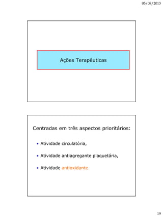 05/08/2013
19
Ações Terapêuticas
Centradas em três aspectos prioritários:
• Atividade circulatória,
• Atividade antiagregante plaquetária,
• Atividade antioxidante.
 