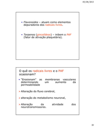 05/08/2013
20
• Flavonoides – atuam como elementos
depuradores dos radicais livres.
• Terpenos (gincolídeos) – inibem o PAF
(fator de ativação plaquetária).
O quê os radicais livres e o PAF
ocasionam?
• “Erosionam” as membranas vasculares
determinando um aumento da
permeabilidade
 Alteração do fluxo cerebral,
 alteração do metabolismo neuronal,
 Alteração da atividade dos
neurotransmissores.
 