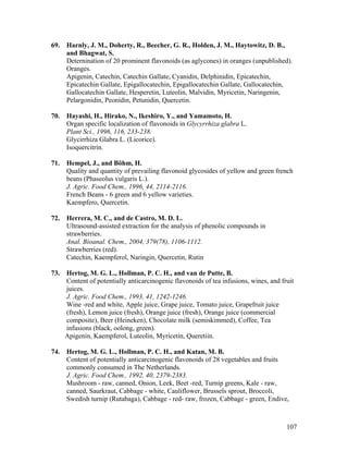 107
69. Harnly, J. M., Doherty, R., Beecher, G. R., Holden, J. M., Haytowitz, D. B.,
and Bhagwat, S.
Deternination of 20 prominent flavonoids (as aglycones) in oranges (unpublished).
Oranges.
Apigenin, Catechin, Catechin Gallate, Cyanidin, Delphinidin, Epicatechin,
Epicatechin Gallate, Epigallocatechin, Epigallocatechin Gallate, Gallocatechin,
Gallocatechin Gallate, Hesperetin, Luteolin, Malvidin, Myricetin, Naringenin,
Pelargonidin, Peonidin, Petunidin, Quercetin.
70. Hayashi, H., Hirako, N., Ikeshiro, Y., and Yamamoto, H.
Organ specific localization of flavonoids in Glycyrrhiza glabra L.
Plant Sci., 1996, 116, 233-238.
Glycirrhiza Glabra L. (Licorice).
Isoquercitrin.
71. Hempel, J., and Böhm, H.
Quality and quantity of prevailing flavonoid glycosides of yellow and green french
beans (Phaseolus vulgaris L.).
J. Agric. Food Chem., 1996, 44, 2114-2116.
French Beans - 6 green and 6 yellow varieties.
Kaempfero, Quercetin.
72. Herrera, M. C., and de Castro, M. D. L.
Ultrasound-assisted extraction for the analysis of phenolic compounds in
strawberries.
Anal. Bioanal. Chem., 2004, 379(78), 1106-1112.
Strawberries (red).
Catechin, Kaempferol, Naringin, Quercetin, Rutin
73. Hertog, M. G. L., Hollman, P. C. H., and van de Putte, B.
Content of potentially anticarcinogenic flavonoids of tea infusions, wines, and fruit
juices.
J. Agric. Food Chem., 1993, 41, 1242-1246.
Wine -red and white, Apple juice, Grape juice, Tomato juice, Grapefruit juice
(fresh), Lemon juice (fresh), Orange juice (fresh), Orange juice (commercial
composite), Beer (Heineken), Chocolate milk (semiskimmed), Coffee, Tea
infusions (black, oolong, green).
Apigenin, Kaempferol, Luteolin, Myricetin, Queretiin.
74. Hertog, M. G. L., Hollman, P. C. H., and Katan, M. B.
Content of potentially anticarcinogenic flavonoids of 28 vegetables and fruits
commonly consumed in The Netherlands.
J. Agric. Food Chem., 1992, 40, 2379-2383.
Mushroom - raw, canned, Onion, Leek, Beet -red, Turnip greens, Kale - raw,
canned, Saurkraut, Cabbage - white, Cauliflower, Brussels sprout, Broccoli,
Swedish turnip (Rutabaga), Cabbage - red- raw, frozen, Cabbage - green, Endive,
 