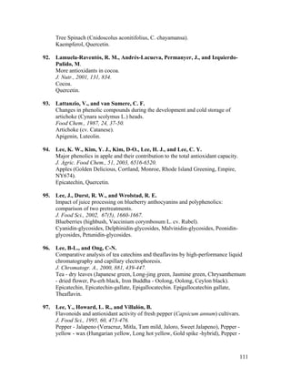 111
Tree Spinach (Cnidoscolus aconitifolius, C. chayamansa).
Kaempferol, Quercetin.
92. Lamuela-Raventós, R. M., Andrés-Lacueva, Permanyer, J., and Izquierdo-
Pulido, M.
More antioxidants in cocoa.
J. Nutr., 2001, 131, 834.
Cocoa.
Quercetin.
93. Lattanzio, V., and van Sumere, C. F.
Changes in phenolic compounds during the development and cold storage of
artichoke (Cynara scolymus L.) heads.
Food Chem., 1987, 24, 37-50.
Artichoke (cv. Catanese).
Apigenin, Luteolin.
94. Lee, K. W., Kim, Y. J., Kim, D-O., Lee, H. J., and Lee, C. Y.
Major phenolics in apple and their contribution to the total antioxidant capacity.
J. Agric. Food Chem., 51, 2003, 6516-6520.
Apples (Golden Delicious, Cortland, Monroe, Rhode Island Greening, Empire,
NY674).
Epicatechin, Quercetin.
95. Lee, J., Durst, R. W., and Wrolstad, R. E.
Impact of juice processing on blueberry anthocyanins and polyphenolics:
comparison of two pretreatments.
J. Food Sci., 2002, 67(5), 1660-1667.
Blueberries (highbush, Vaccinium corymbosum L. cv. Rubel).
Cyanidin-glycosides, Delphinidin-glycosides, Malvinidin-glycosides, Peonidin-
glycosides, Petunidin-glycosides.
96. Lee, B-L., and Ong, C-N.
Comparative analysis of tea catechins and theaflavins by high-performance liquid
chromatography and capillary electrophoresis.
J. Chromatogr. A., 2000, 881, 439-447.
Tea - dry leaves (Japanese green, Long-jing green, Jasmine green, Chrysanthemum
- dried flower, Pu-erh black, Iron Buddha - Oolong, Oolong, Ceylon black).
Epicatechin, Epicatechin-gallate, Epigallocatechin. Epigallocatechin gallate,
Theaflavin.
97. Lee, Y., Howard, L. R., and Villalón, B.
Flavonoids and antioxidant activity of fresh pepper (Capsicum annum) cultivars.
J. Food Sci., 1995, 60, 473-476.
Pepper - Jalapeno (Veracruz, Mitla, Tam mild, Jaloro, Sweet Jalapeno), Pepper -
yellow - wax (Hungarian yellow, Long hot yellow, Gold spike -hybrid), Pepper -
 
