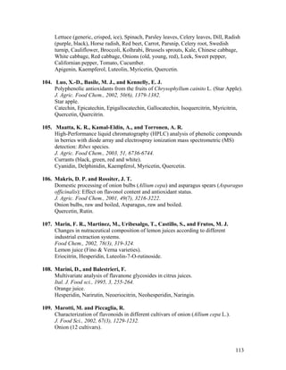 113
Lettuce (generic, crisped, ice), Spinach, Parsley leaves, Celery leaves, Dill, Radish
(purple, black), Horse radish, Red beet, Carrot, Parsnip, Celery root, Swedish
turnip, Cauliflower, Broccoli, Kolhrabi, Brussels sprouts, Kale, Chinese cabbage,
White cabbage, Red cabbage, Onions (old, young, red), Leek, Sweet pepper,
Californian pepper, Tomato, Cucumber.
Apigenin, Kaempferol, Luteolin, Myricetin, Quercetin.
104. Luo, X.-D., Basile, M. J., and Kennelly, E. J.
Polyphenolic antioxidants from the fruits of Chrysophyllum cainito L. (Star Apple).
J. Agric. Food Chem., 2002, 50(6), 1379-1382.
Star apple.
Catechin, Epicatechin, Epigallocatechin, Gallocatechin, Isoquercitrin, Myricitrin,
Quercetin, Quercitrin.
105. Maatta, K. R., Kamal-Eldin, A., and Torronen, A. R.
High-Performance liquid chromatography (HPLC) analysis of phenolic compounds
in berries with diode array and electrospray ionization mass spectrometric (MS)
detection: Ribes species.
J. Agric. Food Chem., 2003, 51, 6736-6744.
Currants (black, green, red and white).
Cyanidin, Delphinidin, Kaempferol, Myricetin, Quercetin.
106. Makris, D. P. and Rossiter, J. T.
Domestic processing of onion bulbs (Allium cepa) and asparagus spears (Asparagus
officinalis): Effect on flavonol content and antioxidant status.
J. Agric. Food Chem., 2001, 49(7), 3216-3222.
Onion bulbs, raw and boiled, Asparagus, raw and boiled.
Quercetin, Rutin.
107. Marin, F. R., Martinez, M., Uribesalgo, T., Castillo, S., and Frutos, M. J.
Changes in nutraceutical composition of lemon juices according to different
industrial extraction systems.
Food Chem., 2002, 78(3), 319-324.
Lemon juice (Fino & Verna varieties).
Eriocitrin, Hesperidin, Luteolin-7-O-rutinoside.
108. Marini, D., and Balestrieri, F.
Multivariate analysis of flavanone glycosides in citrus juices.
Ital. J. Food sci., 1995, 3, 255-264.
Orange juice.
Hesperidin, Narirutin, Neoeriocitrin, Neohesperidin, Naringin.
109. Marotti, M. and Piccaglia, R.
Characterization of flavonoids in different cultivars of onion (Allium cepa L.).
J. Food Sci., 2002, 67(3), 1229-1232.
Onion (12 cultivars).
 