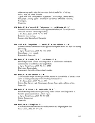 117
cider-making apples; distribution within the fruit and effect of juicing.
Food Chem., 66, 1999, 489-494.
Apples with skin. Eating apples - Egremont, Cox’s Orange, Granny Smith,
Jonagored; Cooking apples - Bramley; Cider apples - Dabinett, Michelin,
Yarlington.
Quercetin.
129. Price, K. R., Casuscelli, F., Colquhoun, I. J., and Rhodes, M. J. C.
Composition and content of flavonol glycosides in broccoli florets (Brassica
oleracea) and their fate during cooking.
J. Sci. Food Agric., 1998, 77, 468-472.
Broccoli - raw, cooked.
Isoquercitrin, Kaempferol, Quercetin.
130. Price, K. R., Colquhoun, I. J., Barnes, K. A., and Rhodes, M. J. C.
Composition and content of flavonol glycosides in green beans and their fate during
processing.
J. Agric. Food Chem., 1998, 46, 4898-4903.
Green beans - raw, canned.
Kaempferol, Quercetin.
131. Price, K. R., Rhodes, M. J. C., and Barnes, K. A.
Flavonol glycoside content and composition of tea infusions made from
commercially available teas and tea products.
J. Agric. Food Chem., 1998, 46, 2517-2522.
Black teas, Tea products.
Kaempferol glycosides, Quercetin glycosides.
132. Price, K. R., and Rhodes, M. J. C.
Analysis of the major flavonol glycosides present in four varieties of onion (Allium
cepa) and changes in composition resulting from autolysis.
J. Sci. Food Agric., 1997, 74, 331-339.
Onion - Red Barron - red, Rijnsburger - brown, Rose - pink, Albion - white.
Quercetin.
133. Price, K. R., Bacon, J. R., and Rhodes, M. J. C.
Effect of storage and domestic processing on the content and composition of
flavonol glucosides in onion (Allium cepa).
J. Agric. Food Chem., 1997, 45, 938-942.
Onion - brown, red.
Quercetin.
134. Price, W. E. And Spitzer, J. C.
Variations in the amount of individual flavanols in a range of green teas.
Food Chem., 1993, 47, 271-276.
 