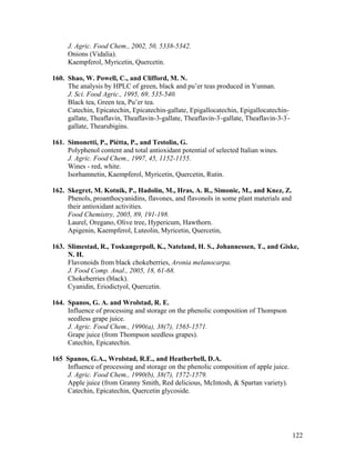 122
J. Agric. Food Chem., 2002, 50, 5338-5342.
Onions (Vidalia).
Kaempferol, Myricetin, Quercetin.
160. Shao, W. Powell, C., and Clifford, M. N.
The analysis by HPLC of green, black and pu’er teas produced in Yunnan.
J. Sci. Food Agric., 1995, 69, 535-540.
Black tea, Green tea, Pu’er tea.
Catechin, Epicatechin, Epicatechin-gallate, Epigallocatechin, Epigallocatechin-
gallate, Theaflavin, Theaflavin-3-gallate, Theaflavin-3'
-gallate, Theaflavin-3-3'
-
gallate, Thearubigins.
161. Simonetti, P., Piétta, P., and Testolin, G.
Polyphenol content and total antioxidant potential of selected Italian wines.
J. Agric. Food Chem., 1997, 45, 1152-1155.
Wines - red, white.
Isorhamnetin, Kaempferol, Myricetin, Quercetin, Rutin.
162. Skegret, M. Kotnik, P., Hadolin, M., Hras, A. R., Simonic, M., and Knez, Z.
Phenols, proanthocyanidins, flavones, and flavonols in some plant materials and
their antioxidant activities.
Food Chemistry, 2005, 89, 191-198.
Laurel, Oregano, Olive tree, Hypericum, Hawthorn.
Apigenin, Kaempferol, Luteolin, Myricetin, Quercetin,
163. Slimestad, R., Toskangerpoll, K., Nateland, H. S., Johannessen, T., and Giske,
N. H.
Flavonoids from black chokeberries, Aronia melanocarpa.
J. Food Comp. Anal., 2005, 18, 61-68.
Chokeberries (black).
Cyanidin, Eriodictyol, Quercetin.
164. Spanos, G. A. and Wrolstad, R. E.
Influence of processing and storage on the phenolic composition of Thompson
seedless grape juice.
J. Agric. Food Chem., 1990(a), 38(7), 1565-1571.
Grape juice (from Thompson seedless grapes).
Catechin, Epicatechin.
165 Spanos, G.A., Wrolstad, R.E., and Heatherbell, D.A.
Influence of processing and storage on the phenolic composition of apple juice.
J. Agric. Food Chem., 1990(b), 38(7), 1572-1579.
Apple juice (from Granny Smith, Red delicious, McIntosh, & Spartan variety).
Catechin, Epicatechin, Quercetin glycoside.
 