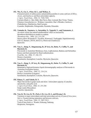 127
191. Wu, X., Gu, L., Prior, R. L., and McKay, S.
Characterization of anthocyanins and proanthocyanidins in some cultivars of Ribes,
Aronis, and Sambucus and their antioxidant capacity.
J. Agric. Food Chem., 2004, 52, 7846-7856.
Currants (black cv. Ben Alder, Ben Navis, Ben, Lomond, Ben Tirran, Titania,
Ukraine), Gooseberries (cv. Winham, Lancashire, Dan’s Mistake, Careless),
Chokeberries, Elderberries, Red Currants.
Cyanidin, Delphinidin, Pelargonidin, Peonidin, Petunidin.
192. Yamada, K., Naemura, A., Sawashita, N., Noguchi, Y., and Yamamoto, J.
An onion variety has natural antithrombotic effect as assessed by
thrombosis/thrombolysis models in rodents.
Thrombosis Res., 2004, 114, 213-220.
Onion yellow (Kitamiko27, Toyohira, Kitawasa3, Tsukisappu, Superkitamomiji,
CS3-12, Rantaro, 2935A, K83211), Onion red (Tsukiko22).
Quercetin.
193. Yao, L., Jiang, Y., Singanusong, R., D’Arcy, B., Datta. N., Caffin, N., and
Raymont, K.
Flavonoids in Australian Melaleuca, Guia, Lophostemon, Banksia and Helianthus
honeys and their potential for floral authentication.
Food Res. Int., 2004, 37, 166-174.
Honeys (Australia).
Isoramnetin, Kaempferol, Luteolin, Myricetin, Quercetin.
194. Yao, L., Jiang, Y., D’Arcy, B., Singanusong, R., Datta. N., Caffin, N., and
Raymont, K.
Quantitative high-performance liquid chromatography analyses of flavonoids in
Australian Eucalyptus honeys.
J. Agric. Food Chem., 2004, 52, 210-214.
Honeys (Australian Ecalyptus).
Isoramnetin, Kaempferol, Luteolin, Myricetin, Quercetin.
195. Yilmaz, Y., and Toledo, R. T.
Major flavonoids in grape seeds and skins: Antioxidant capacity of catechin,
epicatechin, and gallic acid.
J. Agric.Food Chem., 2004, 52, 255-260.
Grape seeds (Muscadine).
Catechin, Epicatechin.
196. Yoo, K. M., Lee, K. W., Park, J. B., Lee, H. J., and Hwang, I. K.
Variation in major antioxidants and total antioxidant activity of yuzu (Citrus junos
Sieb ex Tanaka) during maturation and between cultivars.
J. Agric. Food Chem., 2004, 52, 5907-5913.
Yuzu (Citrus fruit) cv. Wando, Goheung, Sadeung.
Hesperetin, Naringenin.
 