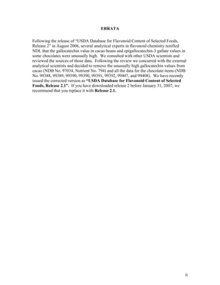 ii
ERRATA
Following the release of “USDA Database for Flavonoid Content of Selected Foods,
Release 2” in August 2006, several analytical experts in flavonoid chemistry notified
NDL that the gallocatechin value in cacao beans and epigallocatechin-3 gallate values in
some chocolates were unusually high. We consulted with other USDA scientists and
reviewed the sources of those data. Following the review we concurred with the external
analytical scientists and decided to remove the unusually high gallocatechin values from
cacao (NDB No. 97034, Nutrient No. 794) and all the data for the chocolate items (NDB
No. 99388, 99389, 99390, 99390, 99391, 99392, 99407, and 99408). We have recently
issued the corrected version as “USDA Database for Flavonoid Content of Selected
Foods, Release 2.1”. If you have downloaded release 2 before January 31, 2007; we
recommend that you replace it with Release 2.1.
 