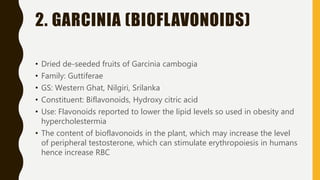 • Sugar free pigments are called as Anthocyanidins.
• Natural Anthocyanidines are classified into 3 groups:
Pelargonidin, Cyanidin and Delphinidin
• Factors like pH, complex forming metal, tannins
affect the colors of the anthocyanins.
 