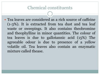 Chemical constituents
 Tea leaves are considered as a rich source of caffeine
(1-3%). It is extracted from tea dust and tea leaf
waste or sweepings. It also contains theobromine
and theophylline in minor quantities. The colour of
tea leaves is due to gallotannic acid (15%) The
agreeable odour is due to presence of a yellow
volatile oil. Tea leaves also contain an enzymatic
mixture called thease.
 