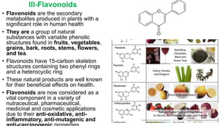 III-Flavonoids
• Flavonoids are the secondary
metabolites produced in plants with a
significant role in human health
• They are a group of natural
substances with variable phenolic
structures found in fruits, vegetables,
grains, bark, roots, stems, flowers,
and tea.
• Flavonoids have 15-carbon skeleton
structures containing two phenyl rings
and a heterocyclic ring
• These natural products are well known
for their beneficial effects on health.
• Flavonoids are now considered as a
vital component in a variety of
nutraceutical, pharmaceutical,
medicinal and cosmetic applications
due to their anti-oxidative, anti-
inflammatory, anti-mutagenic and
 