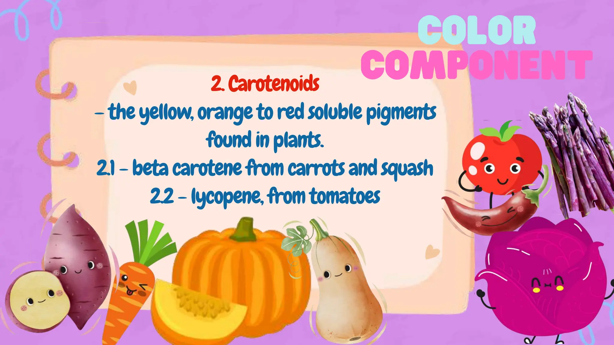 2. Carotenoids
– the yellow, orange to red soluble pigments
found in plants.
2.1 - beta carotene from carrots and squash
2.2 - lycopene, from tomatoes