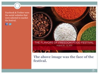 The above image was the face of the
festival.
Facebook & Twitter were
the social websites that
were selected to market
the festival.
 