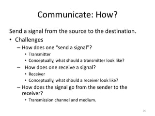 Communicate: How?
Send a signal from the source to the destination.
• Challenges
– How does one “send a signal”?
• Transmitter
• Conceptually, what should a transmitter look like?
– How does one receive a signal?
• Receiver
• Conceptually, what should a receiver look like?
– How does the signal go from the sender to the
receiver?
• Transmission channel and medium.
26
 