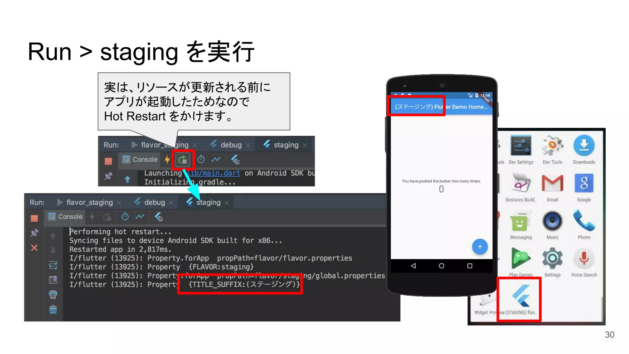 Run > staging を実行
30
実は、リソースが更新される前に
アプリが起動したためなので
Hot Restart をかけます。
 