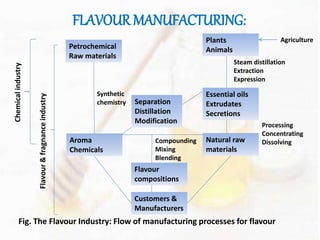 FLAVOUR MANUFACTURING: 
Petrochemical 
Raw materials 
Plants 
Animals 
Steam distillation 
Extraction 
Expression 
Essential oils 
Extrudates 
Secretions 
Separation 
Distillation 
Modification 
Natural raw 
materials 
Synthetic 
chemistry 
Aroma 
Chemicals 
Compounding Dissolving 
Mixing 
Blending 
Flavour 
compositions 
Customers & 
Manufacturers 
Processing 
Concentrating 
Flavour & fragnance industry 
Chemical industry 
Fig. The Flavour Industry: Flow of manufacturing processes for flavour 
Agriculture 
 