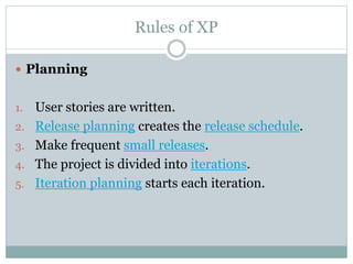 Rules of XP
 Planning
1. User stories are written.
2. Release planning creates the release schedule.
3. Make frequent small releases.
4. The project is divided into iterations.
5. Iteration planning starts each iteration.
 