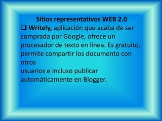 Sitios representativos WEB 2.0Emule es una aplicación que permite elintercambio de archivos entre usuarios deforma descentralizada. Emule está basadoen la plataforma eDonkey, que a su vez esla evolución de los programas deintercambio de ficheros que triunfaron enla web 1.0, como Napster, Kazaa oAudiogalaxy.