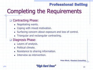 gillis 19
Completing the Requirements
 Contracting Phase:
 Negotiating wants.
 Coping with mixed motivation.
 Surfacing concern about exposure and loss of control.
 Triangular and rectangular contracting.
 Diagnosis Phase:
 Layers of analysis.
 Political climate.
 Resistance to sharing information.
 Interview as intervention.
Peter Block, Flawless Consulting
 