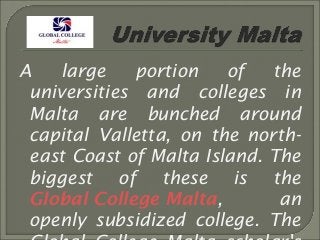 A large portion of the
universities and colleges in
Malta are bunched around
capital Valletta, on the north-
east Coast of Malta Island. The
biggest of these is the
Global College Malta, an
openly subsidized college. The
 