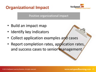 Organizational Impact

•
•
•
•

Build an impact map
Identify key indicators
Collect application examples and cases
Report completion rates, application rates,
and success cases to senior management

© 2014 NetSpeed Learning Solutions. All rights reserved.

27

 