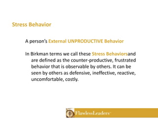 The Birkman dimensions to Performance: ORGANIZATIONAL FOCUS USUAL BEHAVIOR STRESS BEHAVIOR MOTIVATIONAL NEEDS INTERESTS