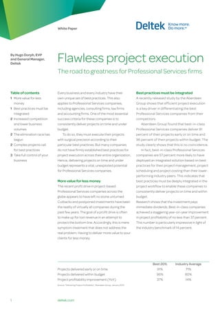 White Paper




By Hugo Dorph, EVP
and General Manager,
Deltek
                              Flawless project execution
                              The road to greatness for Professional Services firms


Table of contents             Every business and every industry have their                               Best practices must be integrated
1 More value for less         own unique set of best practices. This also                                A recently released study by the Aberdeen
  money                       applies to Professional Services companies,                                Group shows that efficient project execution
1 Best practices must be      including agencies, consulting firms, law firms                            is a key driver in differentiating the best
  integrated                  and accounting firms. One of the most essential                            Professional Services companies from their
2 Increased competition       success criteria for these companies is to                                 competitors.
  and lower business          consistently deliver projects on time and under                                Aberdeen Group found that best-in-class
  volumes                     budget.                                                                    Professional Services companies deliver 91
2 The elimination race has        To do so, they must execute their projects                             percent of their projects early or on time and
  begun                       with surgical precision according to their                                 96 percent of their projects within budget. The
2 Complex projects call       particular best practices. But many companies                              study clearly shows that this is no coincidence.
  for best practices          do not have firmly established best practices for                              In fact, best-in-class Professional Services
3 Take full control of your   project execution across their entire organization.                        companies are 57 percent more likely to have
  business                    Hence, delivering projects on time and under                               deployed an integrated solution based on best
                              budget represents a vital, unexploited potential                           practices for their project management, project
                              for Professional Services companies.                                       scheduling and project costing than their lower-
                                                                                                         performing industry peers. This indicates that
                              More value for less money                                                  best practices must be deeply integrated in the
                              The recent profit drive in project-based                                   project workflow to enable these companies to
                              Professional Services companies across the                                 consistently deliver projects on time and within
                              globe appears to have left no stone unturned.                              budget.
                              Cutbacks and postponed investments have been                               Research shows that the investment pays
                              the reality of virtually all companies during the                          immediate dividends. Best-in-class companies
                              past few years. The goal of a profit drive is often                        achieved a staggering year-on-year improvement
                              to make up for lost revenue in an attempt to                               in project profitability of no less than 37 percent.
                              protect the bottom line. Accordingly, this is mere                         This number is particularly impressive in light of
                              symptom treatment that does not address the                                the industry benchmark of 14 percent.
                              real problem: Having to deliver more value to your
                              clients for less money.




                                                                                                                    Best 20%         Industry Average
                              Projects delivered early or on time                                                     91%                  71%
                              Projects delivered within budget                                                        96%                  80%
                              Project profitability improvement (YoY)                                                 37%                  14%
                              Source: “Delivering Project Profitability”, Aberdeen Group, January 2010




1                             deltek.com
 