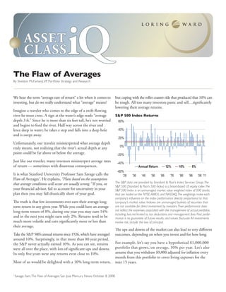 ASSET
          CLASS                           iQ
The Flaw of Averages
By Sheldon McFarland, VP, Portfolio Strategy and Research



We hear the term “average rate of return” a lot when it comes to             but coping with the roller coaster ride that produced that 10% can
investing, but do we really understand what “average” means?                 be tough. All too many investors panic and sell…significantly
                                                                             lowering their average returns.
Imagine a traveler who comes to the edge of a swift-flowing
river he must cross. A sign at the water’s edge reads “average               S&P 500 Index Returns
depth 3 ft.” Since he is more than six feet tall, he’s not worried               60%
and begins to ford the river. Half way across the river and
knee deep in water, he takes a step and falls into a deep hole                   40%
and is swept away.
                                                                                 20%
Unfortunately, our traveler misinterpreted what average depth
                                                                                  0%
truly means, not realizing that the river’s actual depth at any
point could be far above or below the average.                                   -20%
Just like our traveler, many investors misinterpret average rates                -40%
of return — sometimes with disastrous consequences.                                          — Annual Return       — 12%        — 10%    — 8%
                                                                                 -60%
It is what Stanford University Professor Sam Savage calls the                        ’26   ’36    ’46     ’56     ’66     ’76     ’86     ’96    ’06 ’11
Flaw of Averages1. He explains, “Plans based on the assumption
that average conditions will occur are usually wrong.” If you, or            The S&P data are provided by Standard & Poor’s Index Services Group. The
                                                                             S&P 500 (Standard & Poor’s 500 Index) is a broad-based US equity index. The
your financial advisor, fail to account for uncertainty in your              S&P 500 Index is an unmanaged market value weighted index of 500 stocks
plan then you may fall drastically short of your goal.                       that are traded on the NYSE, AMEX, and NASDAQ. The weightings make each
                                                                             company’s inﬂuence on the index performance directly proportional to that
The truth is that few investments ever earn their average long-              company’s market value. Indexes are unmanaged baskets of securities that
term return in any given year. While you could have an average               are not available for direct investment by investors. Their performance does
long-term return of 8%, during one year you may earn 14%                     not reﬂect the expenses associated with the management of actual portfolios
                                                                             including, but not limited to, tax deductions and management fees. Past perfor-
and in the next you might earn only 2%. Returns tend to be                   mance is no guarantee of future results, and values ﬂuctuate. All investments
much more volatile and earn significantly more or less than                  involve risk, include the loss of principal.
their average.
                                                                             The ups and downs of the market can also lead to very different
Take the S&P 500’s annual returns since 1926, which have averaged            outcomes, depending on when you invest and for how long.
around 10%. Surprisingly, in that more than 80 year period,
the S&P never actually earned 10%. As you can see, returns                   For example, let’s say you have a hypothetical $1,000,000
were all over the place, with lots of significant ups and downs.             portfolio that grows, on average, 10% per year. Let’s also
In only five years were any returns even close to 10%.                       assume that you withdraw $9,000 adjusted for inflation every
                                                                             month from this portfolio to cover living expenses for the
Most of us would be delighted with a 10% long-term return,                   next 15 years.


1
    Savage, Sam, The Flaw of Averages, San Jose Mercury News, October 8, 2000.
 