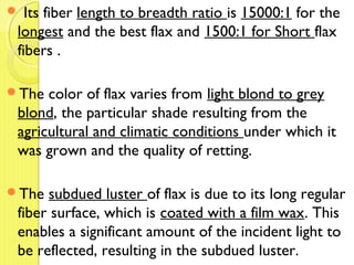  Its fiber length to breadth ratio is 15000:1 for the
longest and the best flax and 1500:1 for Short flax
fibers .
The color of flax varies from light blond to grey
blond, the particular shade resulting from the
agricultural and climatic conditions under which it
was grown and the quality of retting.
The subdued luster of flax is due to its long regular
fiber surface, which is coated with a film wax. This
enables a significant amount of the incident light to
be reflected, resulting in the subdued luster.
 