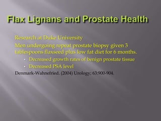 Research at Duke University
Men undergoing repeat prostate biopsy given 3
tablespoons flaxseed plus low fat diet for 6 months.
• Decreased growth rates of benign prostate tissue
• Decreased PSA level
Denmark-Wahnefried. (2004) Urology; 63:900-904.
 