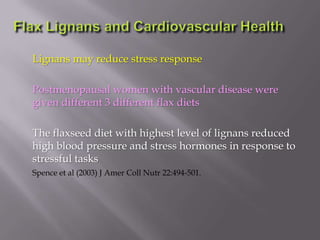 Lignans may reduce stress response
Postmenopausal women with vascular disease were
given different 3 different flax diets
The flaxseed diet with highest level of lignans reduced
high blood pressure and stress hormones in response to
stressful tasks
Spence et al (2003) J Amer Coll Nutr 22:494-501.
 