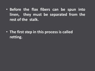 • Before the flax fibers can be spun into
linen, they must be separated from the
rest of the stalk.
• The first step in this process is called
retting.
 
