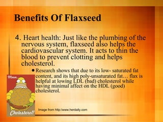 Benefits Of Flaxseed 4.  Heart health: Just like the plumbing of the nervous system, flaxseed also helps the cardiovascular system. It acts to thin the blood to prevent clotting and helps cholesterol.  Research shows that due to its low- saturated fat content, and its high poly-unsaturated fat …  flax is helpful at lowing LDL (bad) cholesterol while having minimal affect on the HDL (good) cholesterol.  Image from http:/www.herdaily.com 