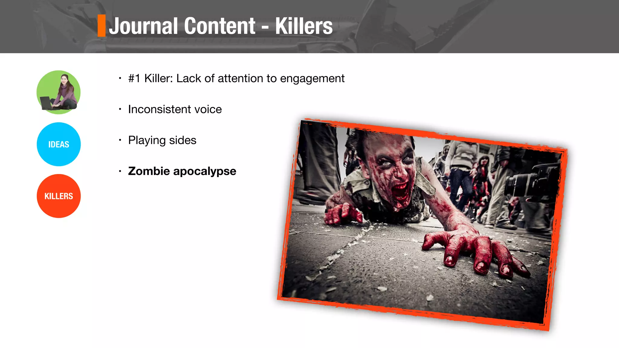 Journal Content - Killers
• #1 Killer: Lack of attention to engagement
• Inconsistent voice
• Playing sides
• Zombie apocalypse
IDEAS
KILLERS
 