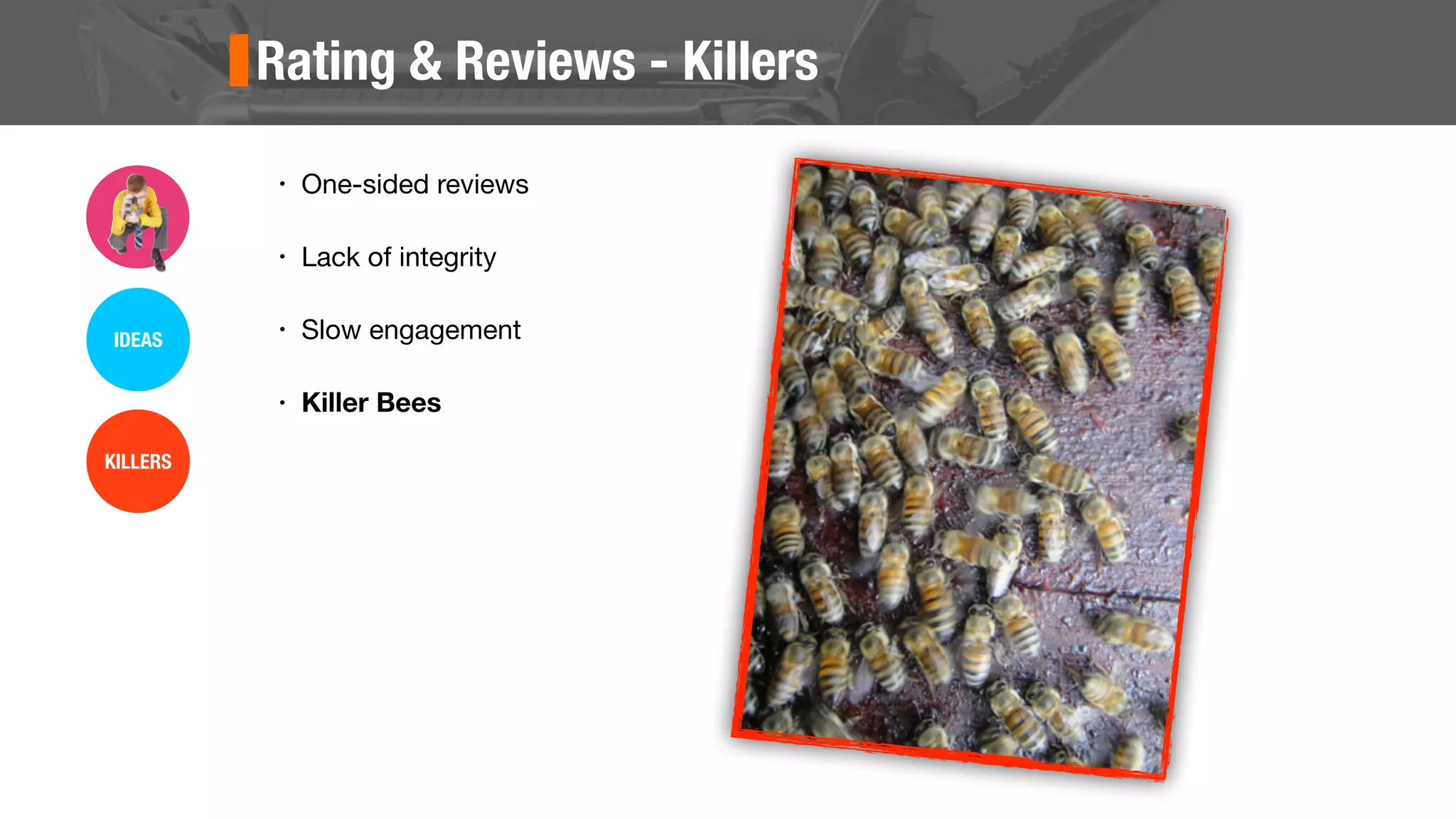 Rating & Reviews - Killers
• One-sided reviews
• Lack of integrity
• Slow engagement
• Killer Bees
IDEAS
KILLERS
 