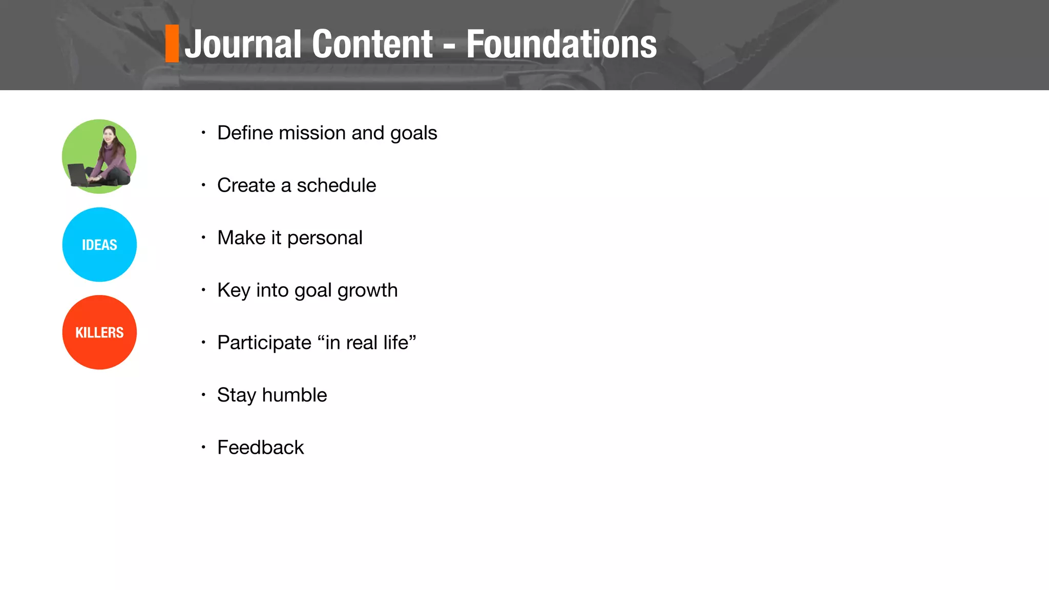 Journal Content - Foundations
• Deﬁne mission and goals
• Create a schedule
• Make it personal
• Key into goal growth
• Participate “in real life”
• Stay humble
• Feedback
IDEAS
KILLERS
 