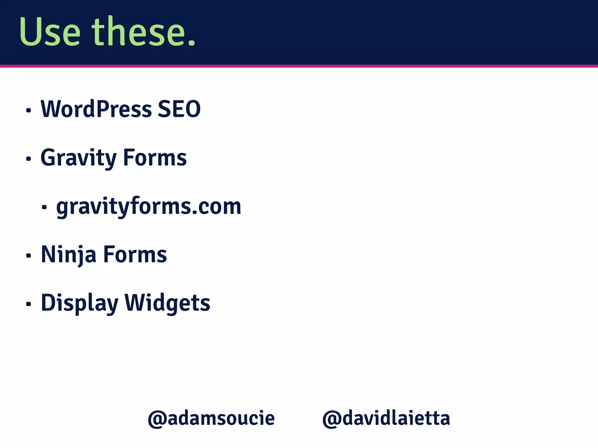 Use these.
• WordPress SEO
• Gravity Forms
• gravityforms.com
• Ninja Forms
• Display Widgets
@davidlaietta@adamsoucie
 