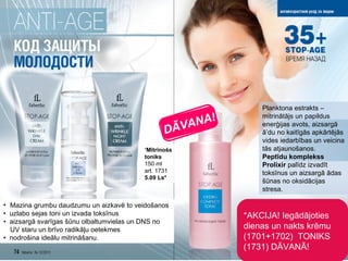 * AKCIJA !  Iegādājoties dienas un nakts krēmu  (1701+1702)  TONIKS  (1731)  DĀVANĀ! Mazina grumbu daudzumu un aizkavē to veidošanos •  uzlabo sejas toni un izvada toksīnus •  aizsargā svarīgas šūnu olbaltumvielas un DNS no UV staru un brīvo radikāļu oetekmes   •  nodrošina ideālu mitrināšanu. Planktona estrakts  –  mitrinātājs un papildus enerģijas avots ,  aizsargā ā’du no kaitīgās apkārtējās vides iedarbības   un veicina tās atjaunošanos. Peptīdu komplekss  Prolixir   palīdz izvadīt toksīnus un aizsargā ādas šūnas no oksidācijas stresa. ‘ Mitrinošs toniks 150  ml art . 1731 5.09 Ls* DĀVANA! 