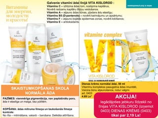Galvenie vitamīni ādai līnijā   VITA KISLOROD : Vitamīns  С –  izlīdzina ādas toni ,  nostiprina kapilārus, Novērš redzamu kapilāru tīkļiņu veidošanos. Vitamīns  А –  atjauno ādas šūnas ,  p[adara ādu elastīgu ; Vitamīns  В5 (D- pantenols ) –  novērš kairinājumu un apsārtumu ; Vitamīns  F –  atjauno bojātās epidermas zonas ,  novērš lobīšanos ; Vitamīns  Е –  antioksidants . Dienas krēms normālai ādai,  50  ml Vitamīnu komplekss paaugstina ādas imunitāti ,  Veicina šūnu atjaunošanos ,  notur valgmi . art . 0403   4.69 Ls* AKCIJA ! Iegādājoties jebkuru līdzekli no līnijas   VITA KISLOROD ( izņemot  0403)  DIENAS KRĒMS  (0403) tikai par  2,19  Ls ! SKAISTUMKOPŠANAS SKOLA NORMĀLA ĀDA PAZĪMES :  vienmērīga pigmentācija ,  nav paplašinātu poru ,  āda ir elastīga un maiga ,  bez pūtītēm . KOPŠANA :  ādas mitruma līmeņa un taukošanās līmeņa kontrole : No rīta  –  mitrināšana ,  vakarā  –  barošana .  Delikāta attīrīšana . 