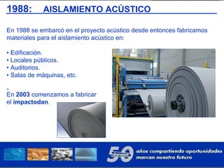 1988: AISLAMIENTO ACÚSTICO
En 1988 se embarcó en el proyecto acústico desde entonces fabricamos
materiales para el aislamiento acústico en:
• Edificación.
• Locales públicos.
• Auditorios.
• Salas de máquinas, etc.
En 2003 comenzamos a fabricar
el impactodan.
 