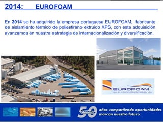 2014: EUROFOAM
En 2014 se ha adquirido la empresa portuguesa EUROFOAM, fabricante
de aislamiento térmico de poliestireno extruido XPS, con esta adquisición
avanzamos en nuestra estrategia de internacionalización y diversificación.
 