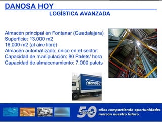 DANOSA HOY
LOGÍSTICA AVANZADA
Almacén principal en Fontanar (Guadalajara)
Superficie: 13.000 m2
16.000 m2 (al aire libre)
Almacén automatizado, único en el sector:
Capacidad de manipulación: 80 Palets/ hora
Capacidad de almacenamiento: 7.000 palets
 