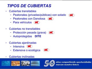 TIPOS DE CUBIERTAS
- Cubiertas transitables
- Peatonales (privadas/públicas) con solado
- Peatonales con Danolosa
- Para vehículos
- Cubiertas no transitables
- Protección pesada (grava)
- Autoprotegidas DITE
- Cubiertas ajardinadas
- Intensiva
- Extensiva o ecológica
- Cubiertas inclinadas
 