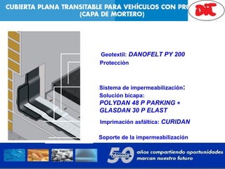Soporte de la impermeabilización
Imprimación asfáltica: CURIDAN
Sistema de impermeabilización:
Solución bicapa:
POLYDAN 48 P PARKING +
GLASDAN 30 P ELAST
Geotextil: DANOFELT PY 200
Protección
 
