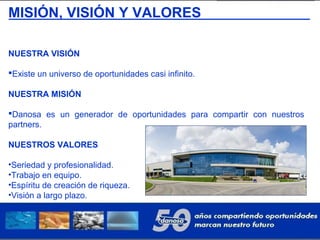 MISIÓN, VISIÓN Y VALORES
NUESTRA VISIÓN
Existe un universo de oportunidades casi infinito.
NUESTRA MISIÓN
Danosa es un generador de oportunidades para compartir con nuestros
partners.
NUESTROS VALORES
•Seriedad y profesionalidad.
•Trabajo en equipo.
•Espíritu de creación de riqueza.
•Visión a largo plazo.
 