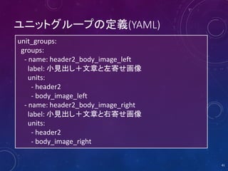 ユニットグループの定義(YAML)
unit_groups:
groups:
- name: header2_body_image_left
label: 小見出し＋文章と左寄せ画像
units:
- header2
- body_image_...