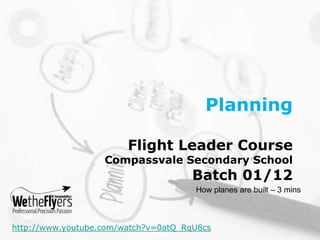 Planning

                        Flight Leader Course
                   Compassvale Secondary School
                                      Batch 01/12
                                      How planes are built – 3 mins



http://www.youtube.com/watch?v=0atQ_RqU8cs
 