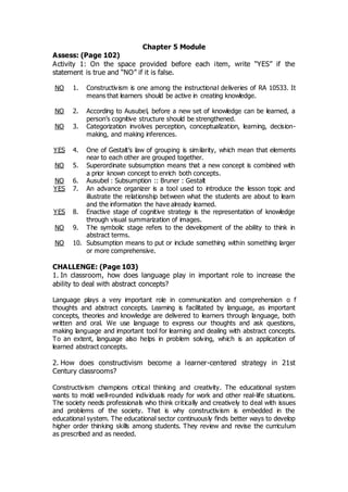Chapter 5 Module
Assess: (Page 102)
Activity 1: On the space provided before each item, write “YES” if the
statement is true and “NO” if it is false.
NO 1. Constructivism is one among the instructional deliveries of RA 10533. It
means that learners should be active in creating knowledge.
NO 2. According to Ausubel, before a new set of knowledge can be learned, a
person’s cognitive structure should be strengthened.
NO 3. Categorization involves perception, conceptualization, learning, decision-
making, and making inferences.
YES 4. One of Gestalt’s law of grouping is similarity, which mean that elements
near to each other are grouped together.
NO 5. Superordinate subsumption means that a new concept is combined with
a prior known concept to enrich both concepts.
NO 6. Ausubel : Subsumption :: Bruner : Gestalt
YES 7. An advance organizer is a tool used to introduce the lesson topic and
illustrate the relationship between what the students are about to learn
and the information the have already learned.
YES 8. Enactive stage of cognitive strategy is the representation of knowledge
through visual summarization of images.
NO 9. The symbolic stage refers to the development of the ability to think in
abstract terms.
NO 10. Subsumption means to put or include something within something larger
or more comprehensive.
CHALLENGE: (Page 103)
1. In classroom, how does language play in important role to increase the
ability to deal with abstract concepts?
Language plays a very important role in communication and comprehension o f
thoughts and abstract concepts. Learning is facilitated by language, as important
concepts, theories and knowledge are delivered to learners through language, both
written and oral. We use language to express our thoughts and ask questions,
making language and important tool for learning and dealing with abstract concepts.
To an extent, language also helps in problem solving, which is an application of
learned abstract concepts.
2. How does constructivism become a learner-centered strategy in 21st
Century classrooms?
Constructivism champions critical thinking and creativity. The educational system
wants to mold well-rounded individuals ready for work and other real-life situations.
The society needs professionals who think critically and creatively to deal with issues
and problems of the society. That is why constructivism is embedded in the
educational system. The educational sector continuously finds better ways to develop
higher order thinking skills among students. They review and revise the curriculum
as prescribed and as needed.
 