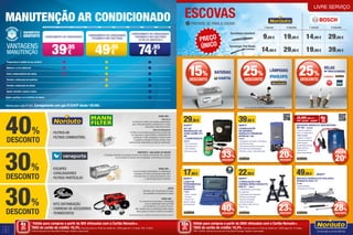 1 escova 2 escovas 1 escova 2 escovas
Tecnologia standard
9,95€ 19,95€ 14,95€ 29,95€
Tecnologia Flat Blade
14,95€ 29,95€ 19,95€ 39,95€
ESCOVAS
PREÇO
ÚNICO
PREPARE-SE PARA A CHUVA!
Informe-se sobre as condições dos serviços de Pastilhas de Travão e Amortecedores junto de um vendedor Norauto.
4
5
1
Válido para compras a partir de 80€ efetuadas com o Cartão Norauto+.
TAEG do cartão de crédito: 16,3%. Exemplo para um limite de crédito de 1.500€ pago em 12 meses. TAN: 15,80%.
Informe-se junto do Oney Bank Portugal. Sujeito a aprovação.
Válido para compras a partir de 200€ efetuadas com o Cartão Norauto+.
TAEG do cartão de crédito: 16,3%. Exemplo para um limite de crédito de 1.500€ pago em 12 meses.
TAN: 15,80%. Informe-se junto do Oney Bank Portugal. Sujeito a aprovação.
4xSEM
JUROS
TAN: 0%
10xSEM
JUROS
TAN: 0%
23%
DESCONTO
LIVRE SERVIÇO
BATERIAS LÂMPADAS
VELAS
EM TODAS AS MARCAS
15%
DESCONTO
25%
DESCONTO*
39,95 €
49,95 €
CARREGADOR
DE BATERIA
NORAUTO PREMIUM
HF800 8A 12A
700542
• Carregador automático multi-etapas
• Memória de carga
• Reacondicionamento de baterias
profundamente descarregadas
• Mantém a carga • Teste alternador
BOOSTER NORAUTO SEM BATERIA
MF 450 2054033
• Veículos a gasolina
até 3L ou diesel até 2L
• Sem recarga
• Ligeiro e compacto
• Sempre operacional
mesmo depois
de guardado durante
longos períodos
• Munido com
supercondensadores
20%
DESCONTO
29,95€
44,95 €
KIT DE
REPARAÇÃO DE
FURO SLIME 473
ML
+ COMPRESSOR
322782
• Com compressor
• Tapa fugas de ar
• Não necessita
desmontar a roda
49,95€ 69,95 €
MACACO HIDRÁULICO ROLANTE
NORAUTO N401 2T
871668
• Rodas giratórias
• Proteções em borracha
17,95€
29,95 €
CAIXA de
ferramentas
39 PEÇAS
NORAUTO
775394
• Chave + pontas
• Universal
• Chaves com
garantia vitalícia
(exceto pontas)
33%
DESCONTO
40%
DESCONTO
28%
DESCONTO
22,95€
29,95 €
2 PREGUIÇAS COM
CREMALHEIRA NORAUTO
N30 3T 358977
• Indispensáveis para trabalhar
em segurança
• Duplo sistema de segurança
• Borracha de proteção
• Suporta 3 Toneladas
• Altura de elevação:
Mín: 288 mm Máx: 425 mm
• Peso: 7 Kg
· FILTROS AR
· FILTROS COMBUSTÍVEL
· KITS DISTRIBUIÇÃO
· CORREIAS DE ACESSÓRIOS
· TERMÓSTATOS
VENEPORTE · QUALIDADE DE ORIGEM
A inovação constante, a tecnologia utilizada e os materiais incorporados são a garantia
de um produto de elevado nível de qualidade, à semelhança do original.
GATES
Kits Micro-V® e PowerGrip® da Gates,
com qualidade de equipamento original
30%
DESCONTO
30%
DESCONTO
40%
DESCONTO
SABIA QUE…
O uso de escapes homologados ou catalisadores
equipados com filtros de partículas diesel (DPF)
é essencial para um correto desempenho e para
a vida útil deste tipo de sistemas.
SABIA QUE…
Os construtores recomendam a substituição
do kit de distribuição entre os 80.000
e os 240.000 Km ou a cada 5/10 anos*.
Não respeitar esta recomendação poderá originar
danos graves no motor ou mesmo a sua quebra.
* Dependendo da marca e modelo o período pode ser superior ou inferior.
SABIA QUE…
Filtro de ar
Os filtros do ar devem ser trocados regularmente,
pois o filtro sujo impede a entrada de ar no motor,
diminuindo a vida útil do mesmo.
Filtro de Combustível
Os filtros do combustível garantem que as partículas
de impurezas e a água contida no combustível não
danifiquem o motor, protegendo o mesmo contra
o desgaste e corrosão de forma a manter o bom
funcionamento, diminuindo os custos de manutenção.
· ESCAPES
· CATALISADORES
· FILTROS PARTÍCULAS
* Na compra de embalagens de 2 ou mais unidades.
32,49€mês x 4
PVP: 129,95€ 149,95€
4x1
SEM
JUROS
20€
POUPE
· Carregamento ar condicionado
39,95
€
· Carregamento ar condicionado
· Tratamento anti bactérias
49,95
€
· Carregamento ar condicionado
· Tratamento anti bactérias
· Filtro de habitáculo
74,95
€
Vantagens
Manutenção
Temperatura à medida do seu conforto
Melhora o ar do habitáculo
Evita o embaciamento dos vidros
Permite a eliminação de bactérias
Permite a eliminação de odores
Ajuda a eliminar a poeira e pólen
Ajuda a purificar o ar no interior da viatura
Valores para o gás R134A. Carregamento com gás R1234YF desde 129.95€.
MANUTENÇÃO ar condicionado
25%
DESCONTO
 